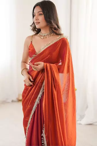 rust satin saree with blouse