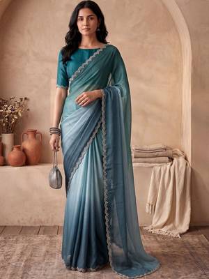 Blue ombre beads and stones tissue designer saree 1