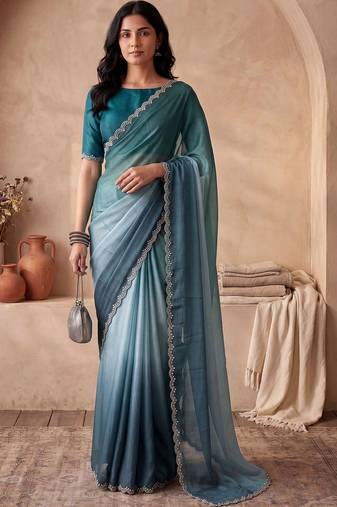Blue ombre beads and stones tissue designer saree