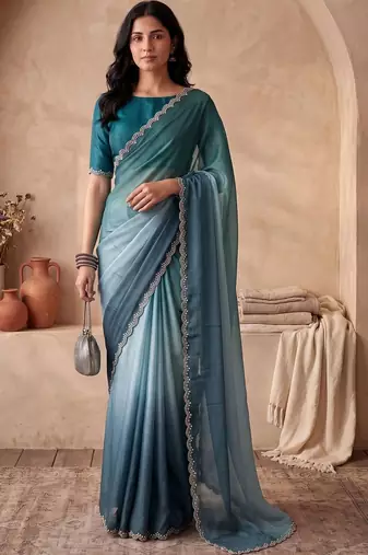 Blue ombre beads and stones tissue designer saree