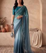 Blue ombre beads and stones tissue designer saree