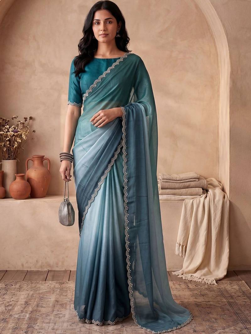 Blue ombre beads and stones tissue designer saree