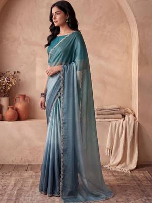 Blue ombre beads and stones tissue designer saree 2