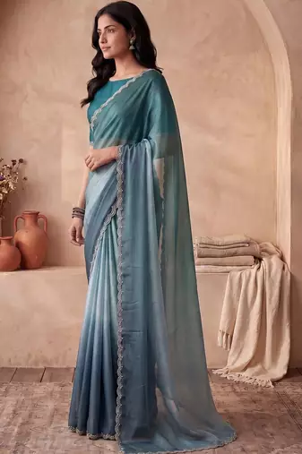 Blue ombre beads and stones tissue designer saree
