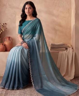 Blue ombre beads and stones tissue designer saree 3
