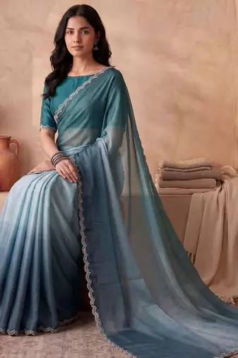 Blue ombre beads and stones tissue designer saree