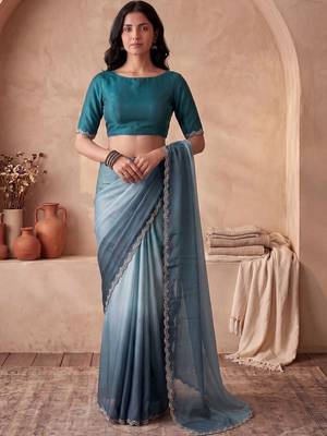 Blue ombre beads and stones tissue designer saree 4