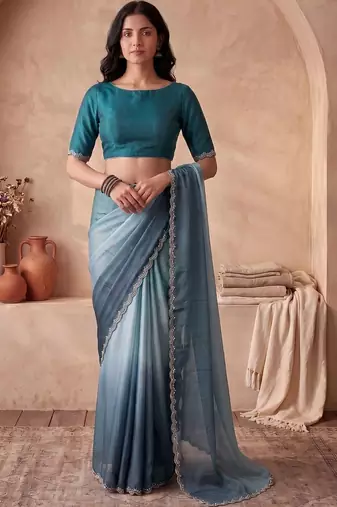 Blue ombre beads and stones tissue designer saree