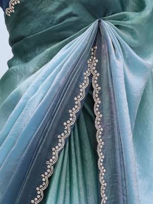 Blue ombre beads and stones tissue designer saree 5