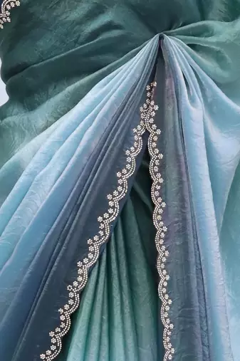 Blue ombre beads and stones tissue designer saree