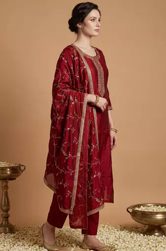 Maroon silk blend embroidered kurta trouser dupatta set