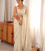 off white floral embroidered satin designer saree