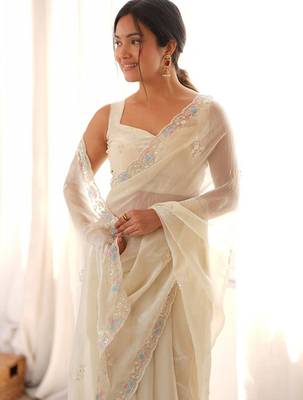 off white floral embroidered satin designer saree 2