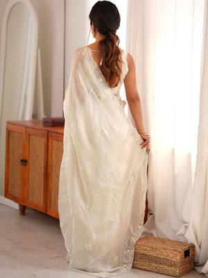 off white floral embroidered satin designer saree 3