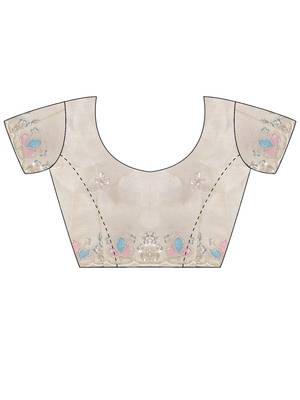 off white floral embroidered satin designer saree 4