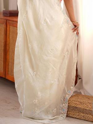 off white floral embroidered satin designer saree 5