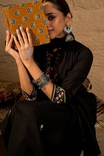 Black pure cotton embroidered kurta trouser dupatta set