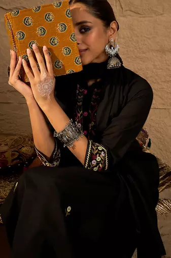 Black pure cotton embroidered kurta trouser dupatta set