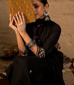 Black pure cotton embroidered kurta trouser dupatta set