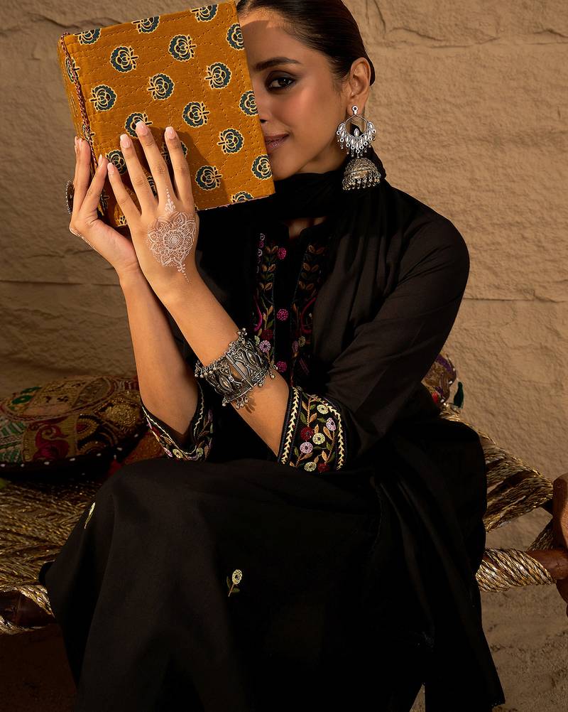 Black pure cotton embroidered kurta trouser dupatta set