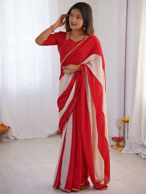 red embellished striped chiffon designer saree 1