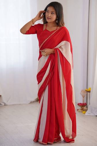 red embellished striped chiffon designer saree