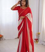 red embellished striped chiffon designer saree