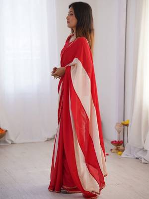 red embellished striped chiffon designer saree 2