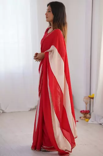 red embellished striped chiffon designer saree