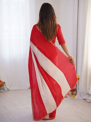 red embellished striped chiffon designer saree 3