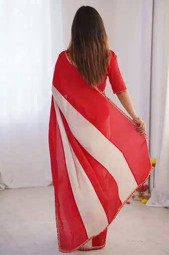 red embellished striped chiffon designer saree