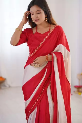 red embellished striped chiffon designer saree