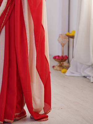 red embellished striped chiffon designer saree 5