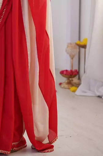red embellished striped chiffon designer saree