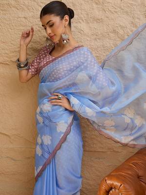 blue floral beads and stones organza saree 1