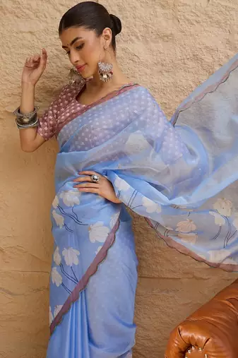 blue floral beads and stones organza saree