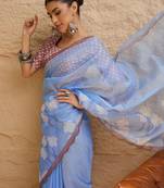 blue floral beads and stones organza saree