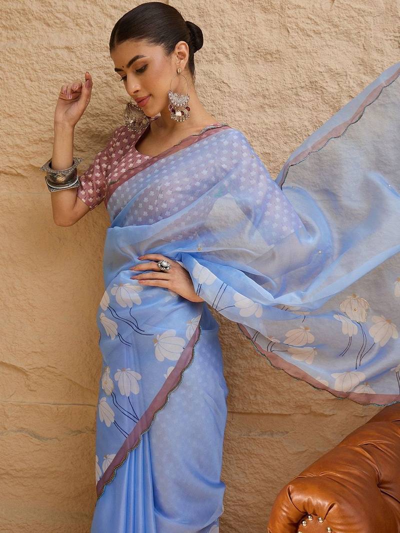 blue floral beads and stones organza saree