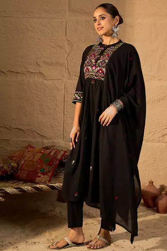 Black pure cotton embroidered kurta trouser dupatta set