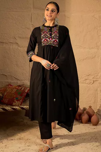 Black pure cotton embroidered kurta trouser dupatta set