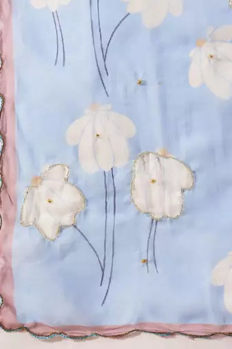blue floral beads and stones organza saree