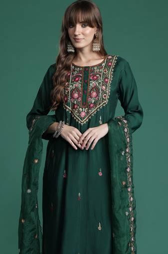 Green silk blend embroidered kurta trouser dupatta set