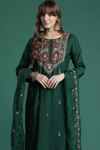 Green silk blend embroidered kurta trouser dupatta set