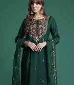Green silk blend embroidered kurta trouser dupatta set