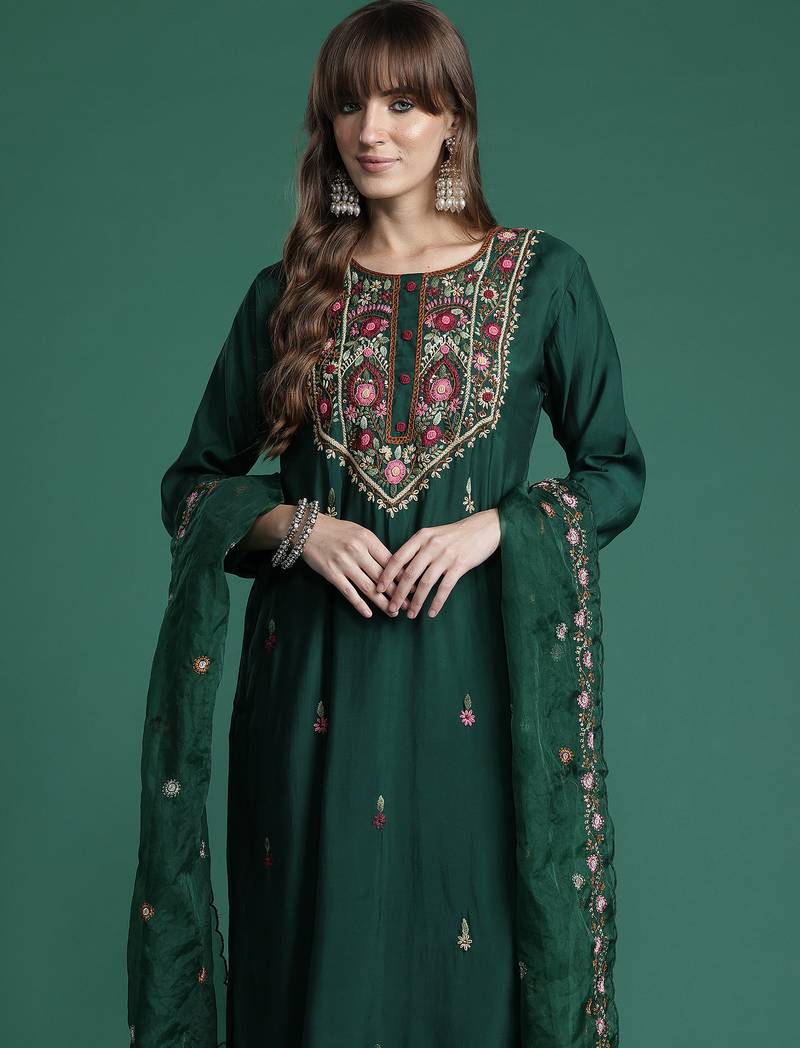 Green silk blend embroidered kurta trouser dupatta set