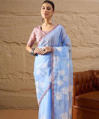 blue floral beads and stones organza saree 3
