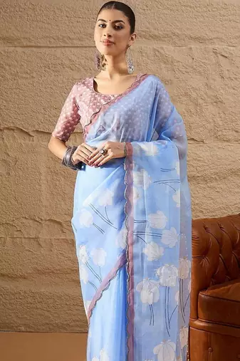blue floral beads and stones organza saree