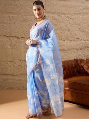 blue floral beads and stones organza saree 4