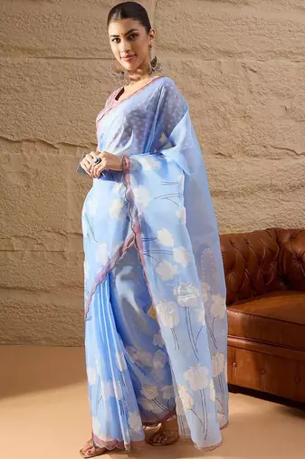 blue floral beads and stones organza saree