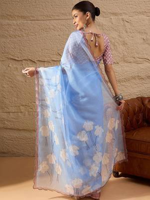 blue floral beads and stones organza saree 5